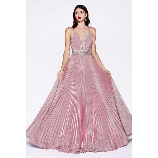 A-Line Metallic Pleated Gown With Deep Neckline And Beaded Details by Cinderella Divine -J8589