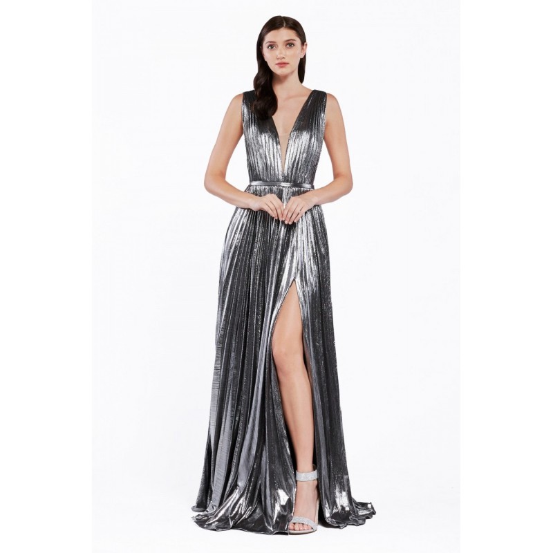 A-Line Metallic Pleated Gown With Deep V-Neckline And Leg Slit by Cinderella Divine -CJ529
