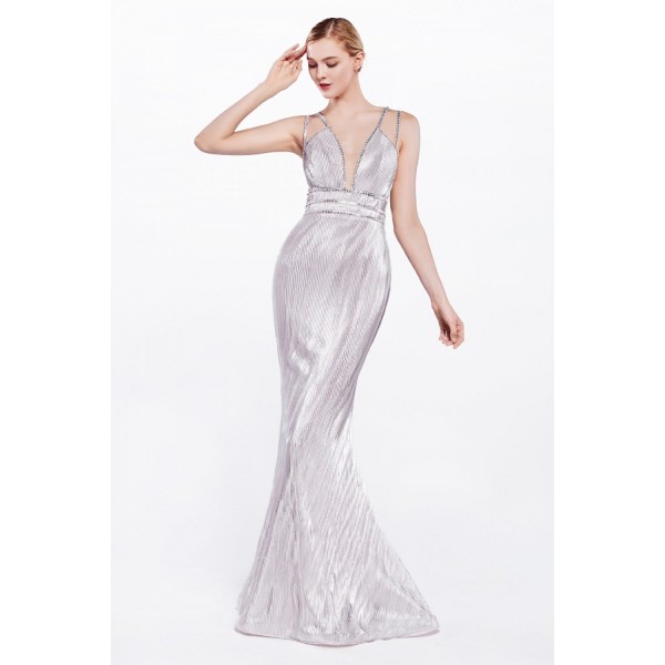Fitted Gown With Beaded Belts And Metallic Micro Pleated Stretch Fabric by Cinderella Divine -CC1138