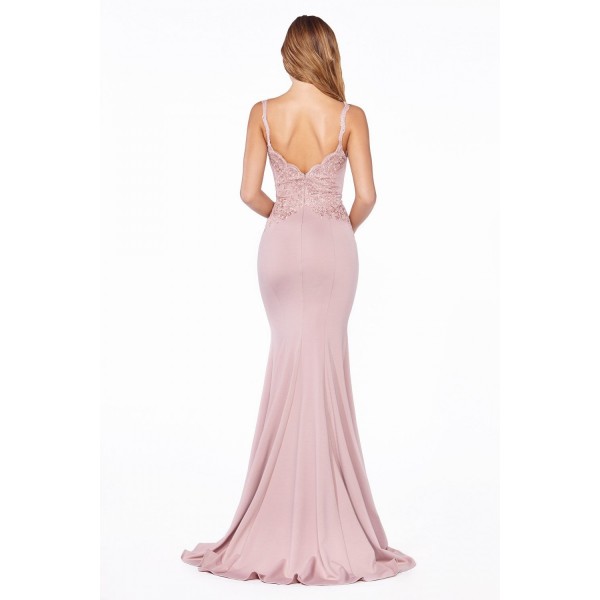 Fitted Lace Bodice Gown With Deep Plunging Neckline, Open Back And Leg Slit by Cinderella Divine -CF319