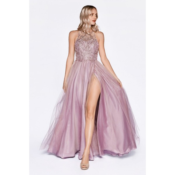 A-Line Layered Tulle Dress With Halter Neckline And Leg Slit by Cinderella Divine -CD0145