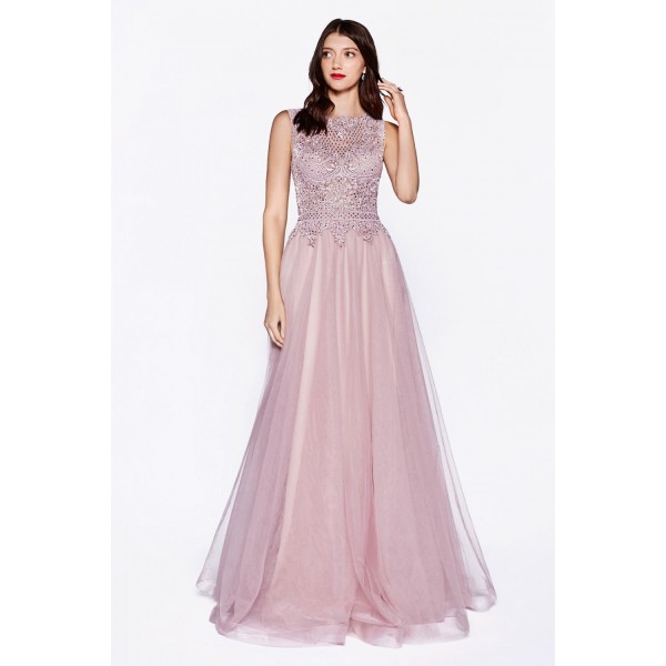 A-Line Tulle Dress With Embellished Lace Top And Closed Back by Cinderella Divine -CD0144
