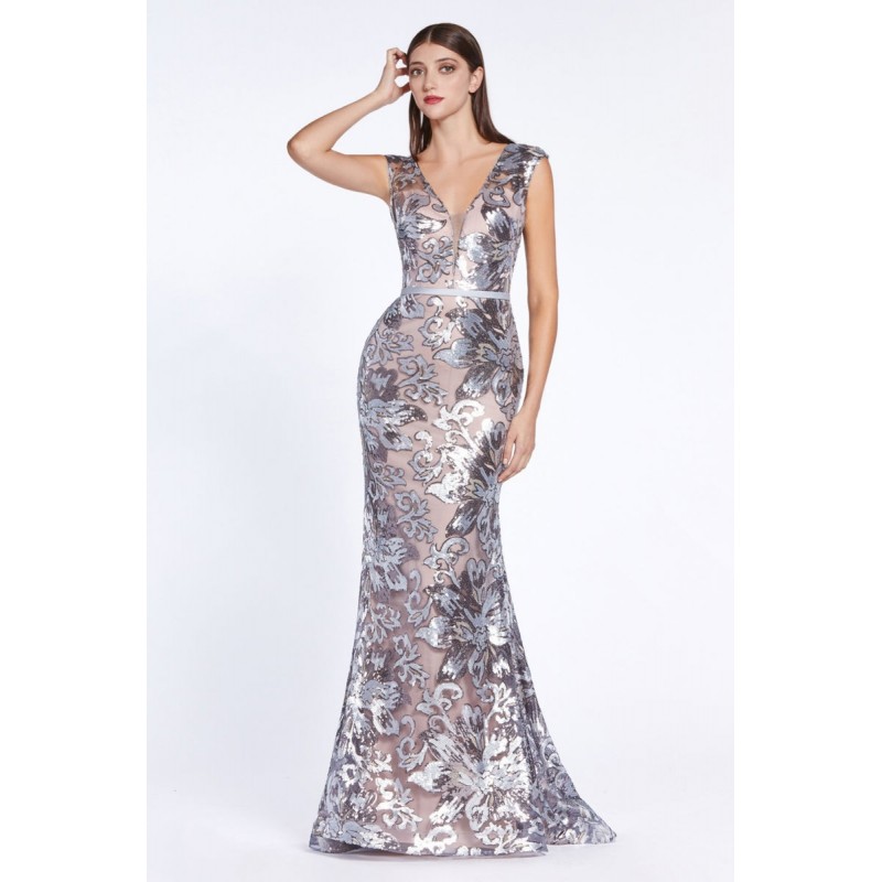 Fitted Gown With Sequin Lace Print And Cap Sleeve by Cinderella Divine -CZ0017
