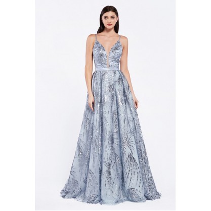 Ball Gown Dress With Glitter Print Details And Plunge Neckline by Cinderella Divine -CZ0016