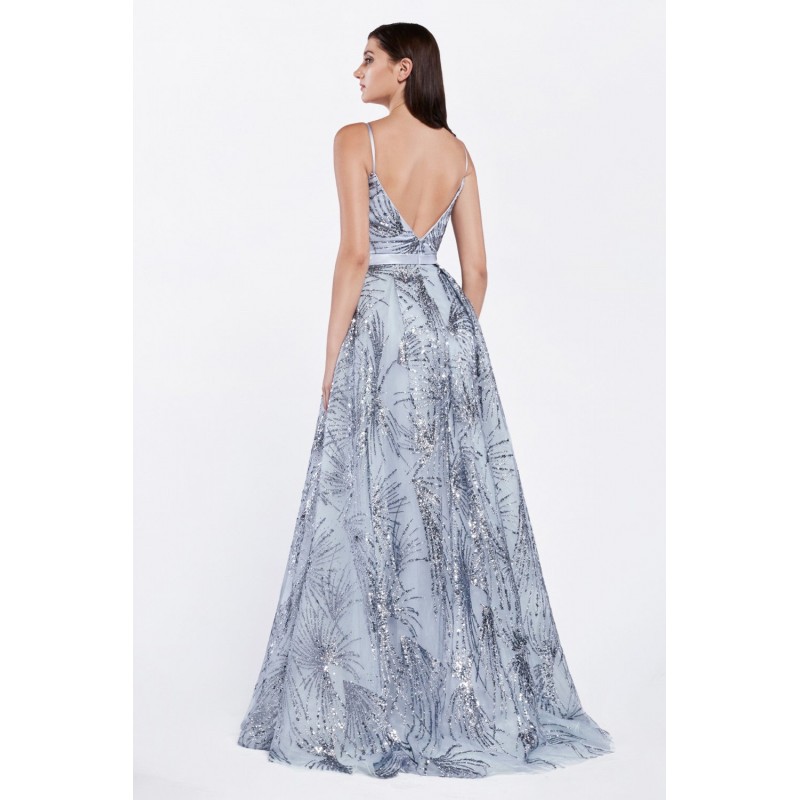 Ball Gown Dress With Glitter Print Details And Plunge Neckline by Cinderella Divine -CZ0016