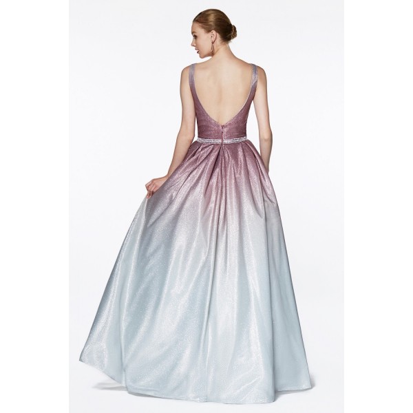 Ombre Glitter Ball Gown With Deep Plunge Neckline And Beaded Belt by Cinderella Divine -CB0041
