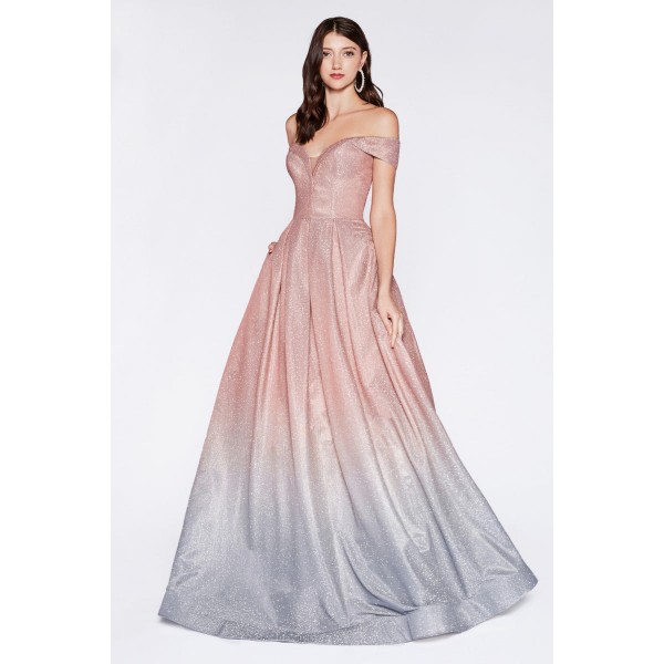 Off The Shoulder Gown With Glitter Fabric And Rose Gold Ombre by Cinderella Divine -CR839