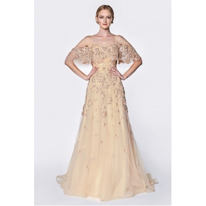 A-Line Off The Shoulder Flutter Sleeve Dress With Beaded Applique And Layered Tulle by Cinderella Divine -CK896