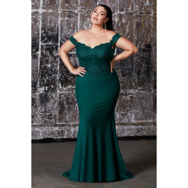Off The Shoulder Fitted Gown With Lace Applique Details And Stretch Jersey by Cinderella Divine -CF158