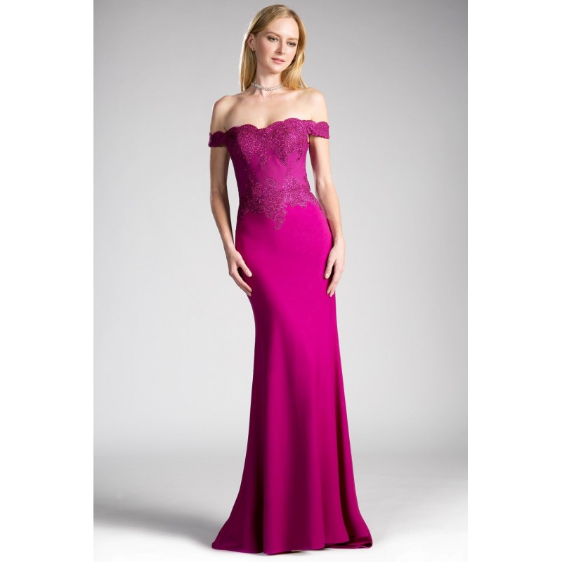 Off The Shoulder Fitted Gown With Lace Applique Details And Stretch Jersey by Cinderella Divine -CF158