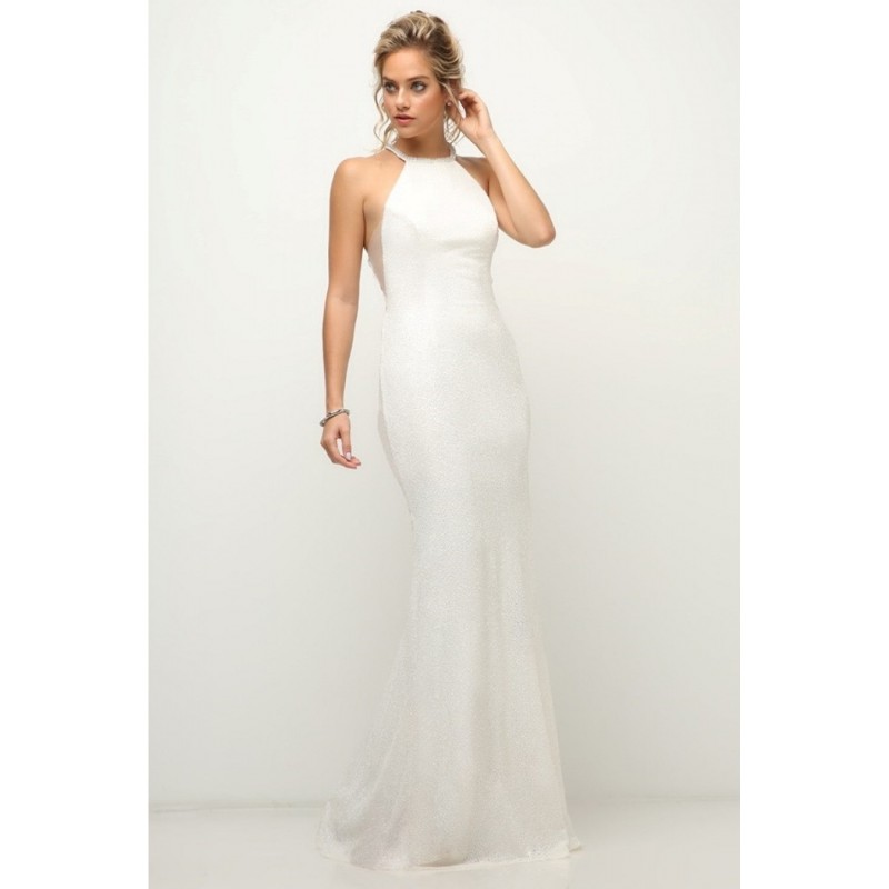 Fitted Halter Sequin Gown With Illusion Sides And Strappy Back Detail by Cinderella Divine -UR139