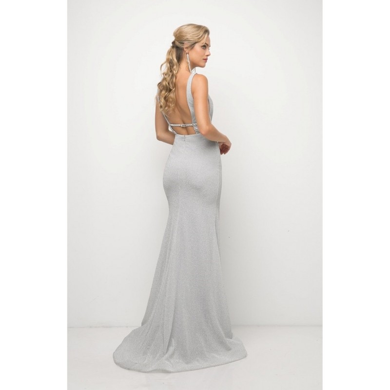 Fitted Stretch Gown With Beaded Belt Detail And Deep Plunging Neckline by Cinderella Divine -UK022