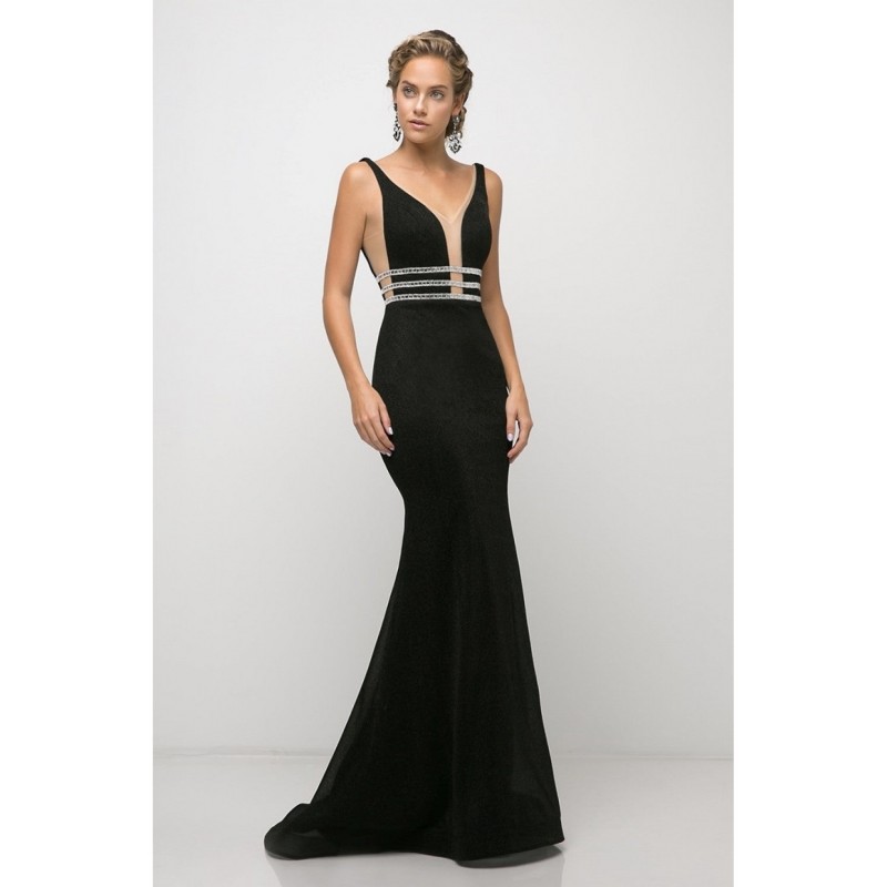 Fitted Stretch Gown With Beaded Belt Detail And Deep Plunging Neckline by Cinderella Divine -UK022