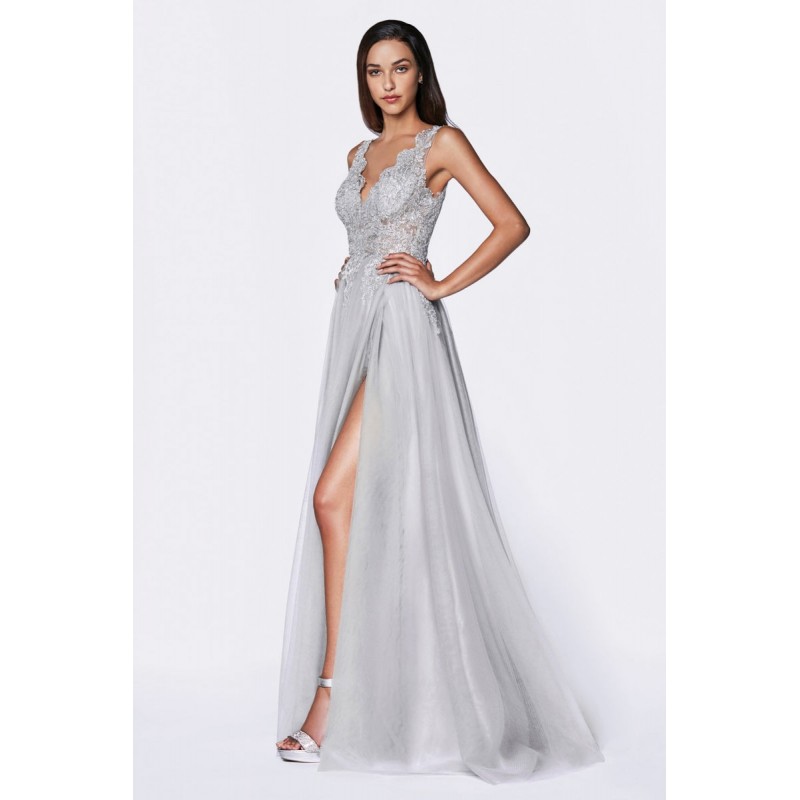 A-Line Tulle Gown With Deep V-Neckline And High Slit by Cinderella Divine -CE0020