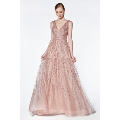A-Line Fully Embellished Gown With Glitter Layered Tulle And Deep V-Neckline by Cinderella Divine -CS029