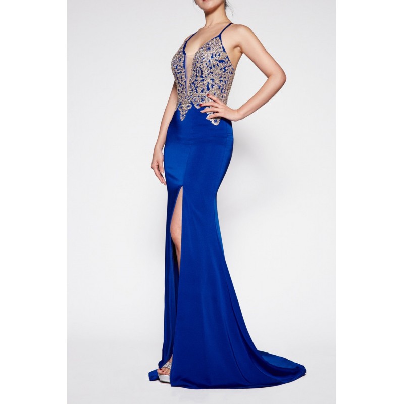 Fitted Satin Crepe Gown With Deep Plunge Neckline And Open Back by Cinderella Divine -ML927