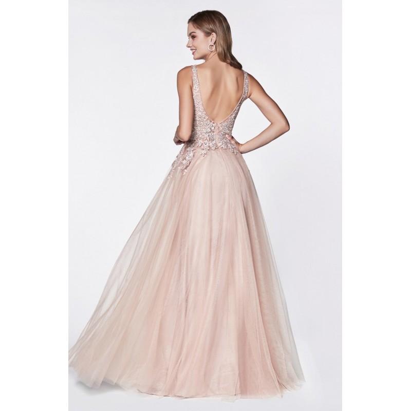Tulle A-Line Gown With Deep Plunge And Jeweled Lace Details by Cinderella Divine -CJ511
