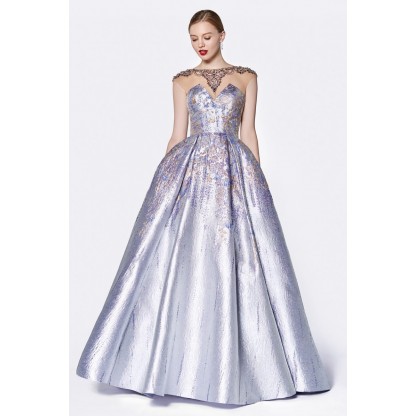 Bring To Life Your Princess Fantasies In This Purple Print Ball Gown With Illusion Beaded Neckline by Cinderella Divine -CK836