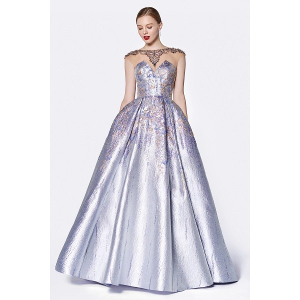 Bring To Life Your Princess Fantasies In This Purple Print Ball Gown With Illusion Beaded Neckline by Cinderella Divine -CK836