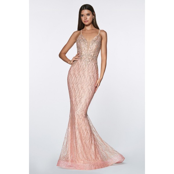 Fitted Glitter Gown With Lacey Bodice And Deep Plunge Neckline by Cinderella Divine -ML934