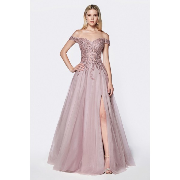 Off The Shoulder Tulle A-Line Gown With Beaded Lace Bodice And Leg Slit by Cinderella Divine -CM303