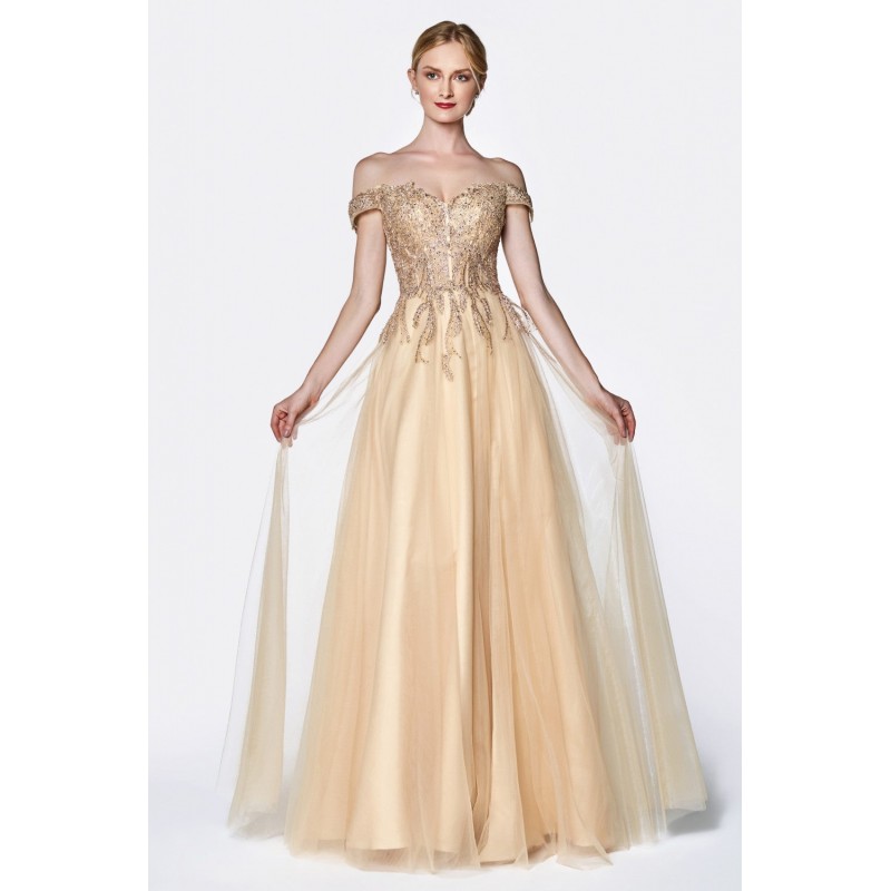 Off The Shoulder Tulle A-Line Gown With Beaded Lace Bodice And Leg Slit by Cinderella Divine -CM303