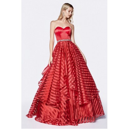 Strapless Ball Gown With Satin Bodice And Striped Organza Layered Skirt by Cinderella Divine -J774
