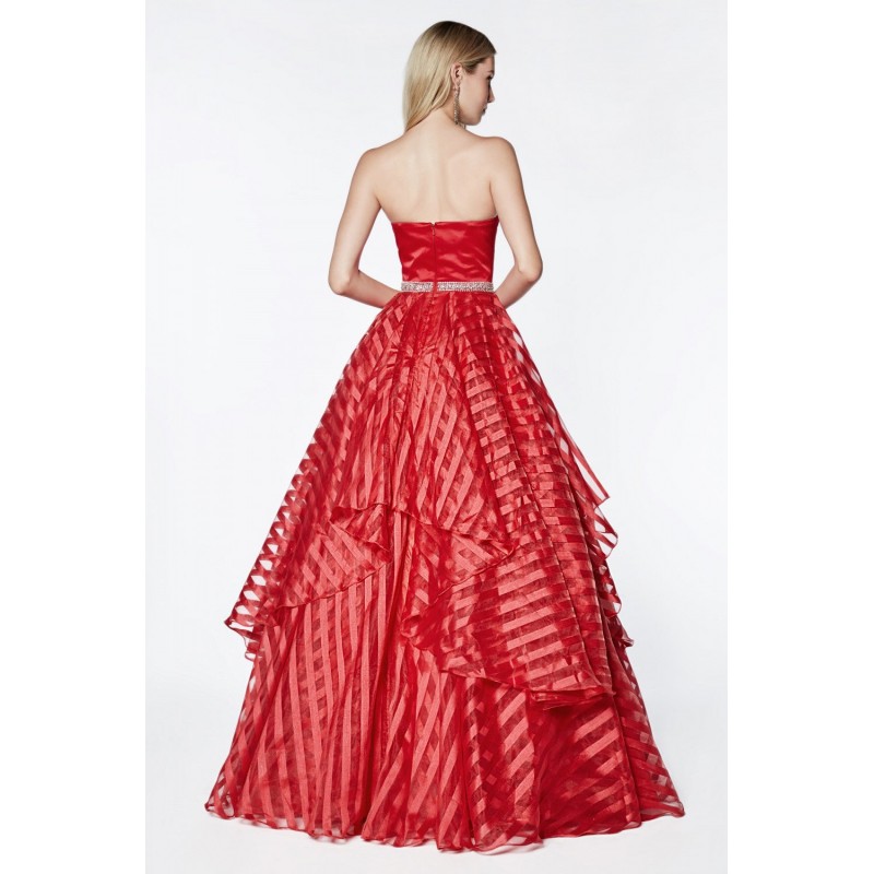 Strapless Ball Gown With Satin Bodice And Striped Organza Layered Skirt by Cinderella Divine -J774