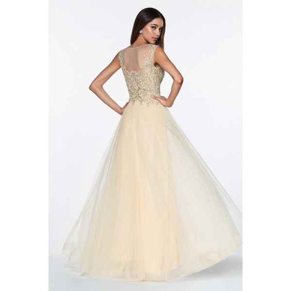 A-Line Beaded Lace Bodice Dress With Tulle Skirt And Closed Back by Cinderella Divine -CD0136