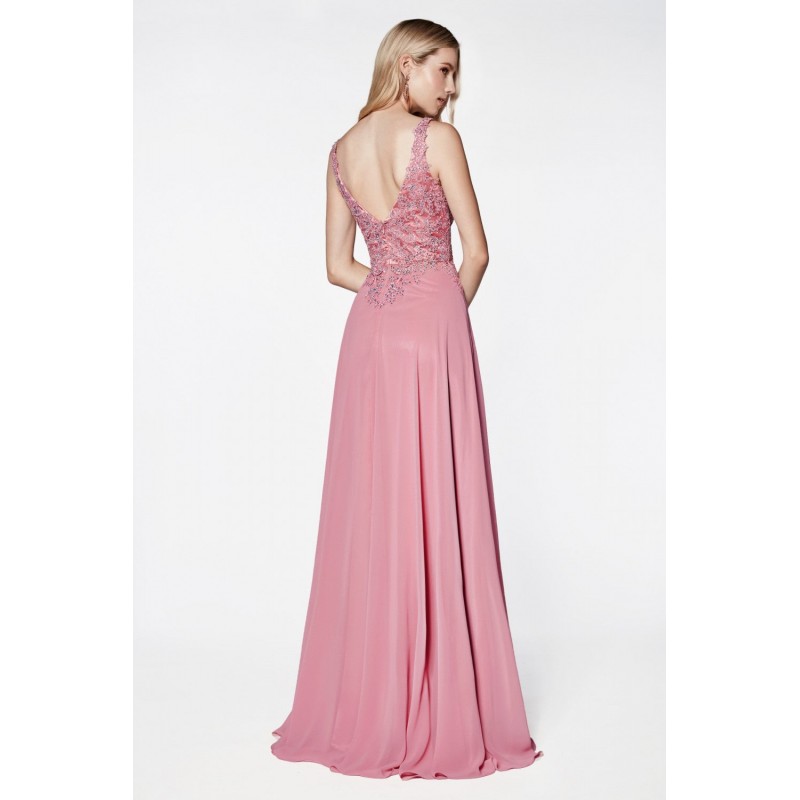 A-Line Gown With Lace Bodice And Chiffon Slitted Skirt by Cinderella Divine -CD0133
