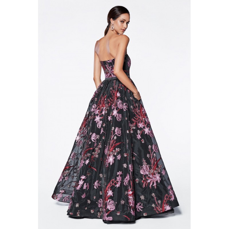 Dark Floral Garden Strapless Ball Gown by Cinderella Divine -CS031