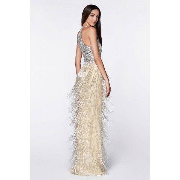Flapper Beaded Fringe Stunning High Neck Gown by Cinderella Divine -CK820