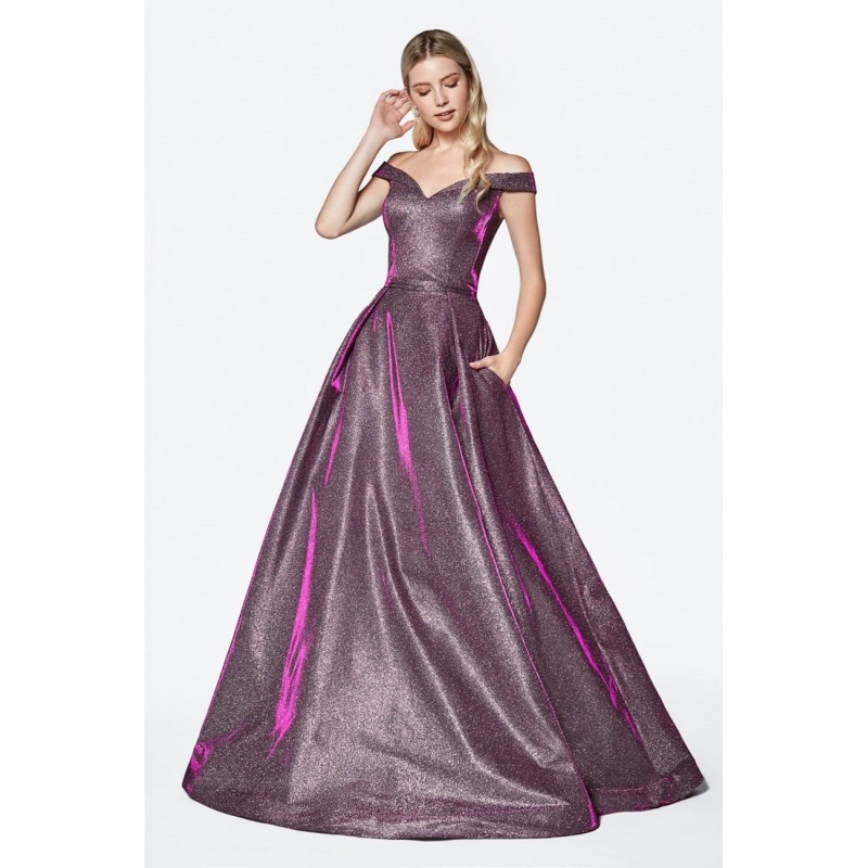 Off The Shoulder Ball Gown With Glitter Metallic Finish And Pockets by Cinderella Divine -CB0036