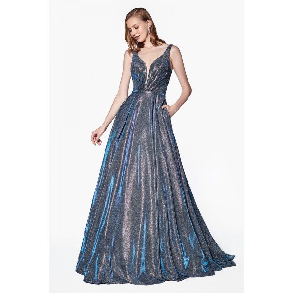 Glittered Ball Gown With Deep Plunge Neckline And Pockets by Cinderella Divine -CB0034