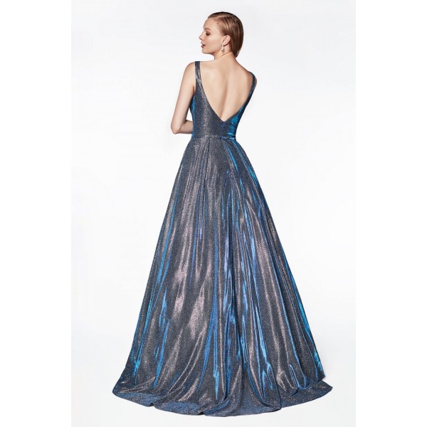 Glittered Ball Gown With Deep Plunge Neckline And Pockets by Cinderella Divine -CB0034