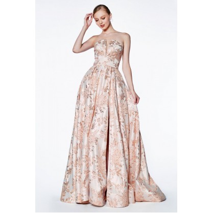 Runaway To Wonderland In This Strapless Floral Brocade Print Ball Gown And High Slit Leg by Cinderella Divine -CS024