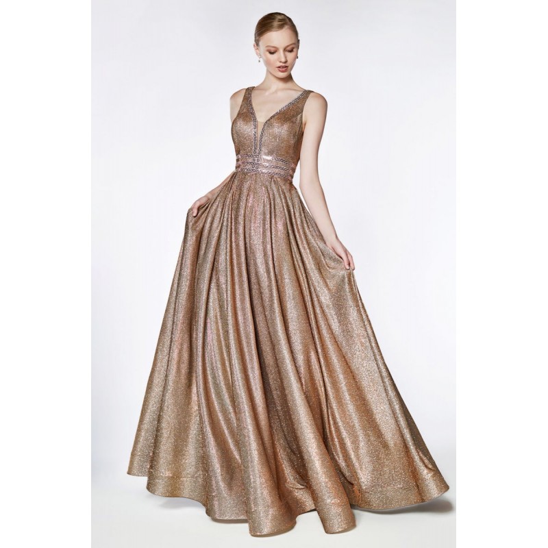 A-Line Metallic Ball Gown With Beaded Bodice Detail And Deep V-Neckline by Cinderella Divine -CJ505