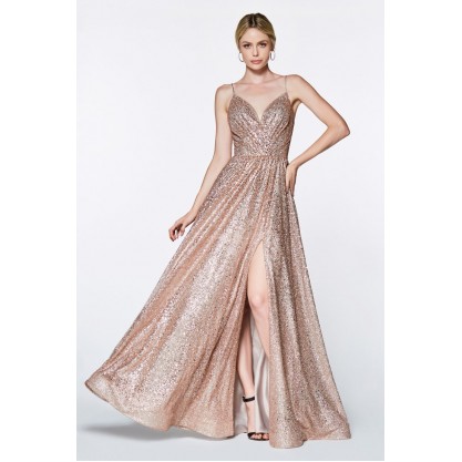 A-Line Fully Glittered Gown With Sweetheart Neckline And Leg Slit by Cinderella Divine -CJ510
