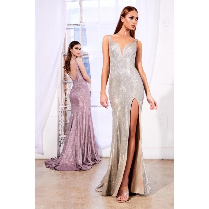 Fitted Metallic Glitter Gown With Deep Sweetheart And Leg Slit by Cinderella Divine -KC876