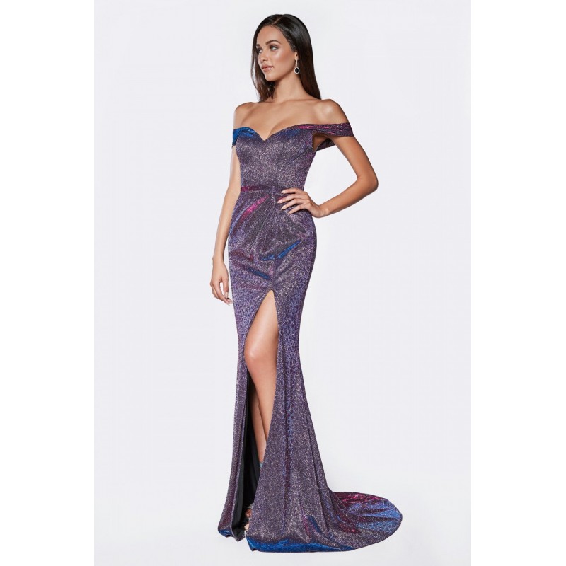 Off The Shoulder Metallic Fitted Gown With Sweetheart Neckline And Leg Slit by Cinderella Divine -KC870