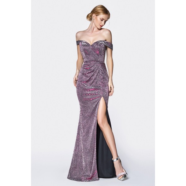 Off The Shoulder Metallic Fitted Gown With Sweetheart Neckline And Leg Slit by Cinderella Divine -KC870
