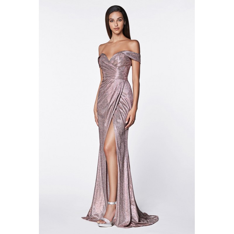 Off The Shoulder Metallic Gown With Sweetheart Neckline And Leg Slit by Cinderella Divine -KC872