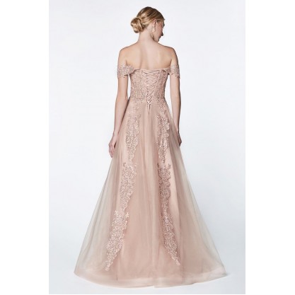Off The Shoulder Embelished Lace A-Line Tulle Gown With Lace Up Back by Cinderella Divine -KC19070