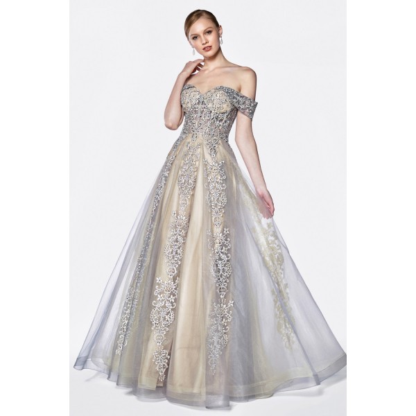 Off The Shoulder Embelished Lace A-Line Tulle Gown With Lace Up Back by Cinderella Divine -KC19070