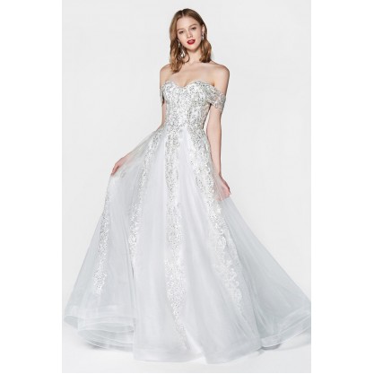 Off The Shoulder Lace Up Back Ball Gown With Beaded Lace And Tulle Skirt by Cinderella Divine -KC19070W