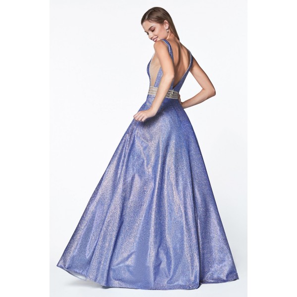 Deep V-Neckline Ball Gown With Glitter Fabric And Beaded Belt by Cinderella Divine -KC873