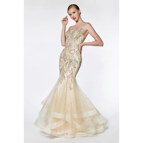Fitted Embelished Mermaid Gown With Horsehair Trim And Adjustable Criss Cross Back by Cinderella Divine -AM018