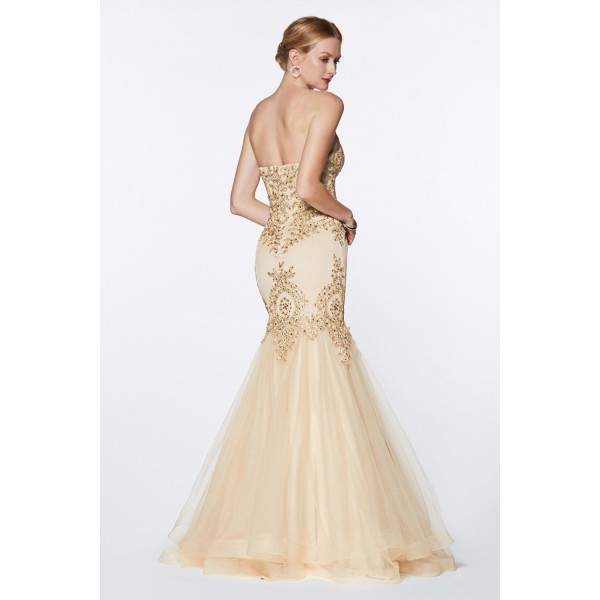 Strapless Mermaid Tulle Gown With Lace Details And Horsehair Trim Hem by Cinderella Divine -9179