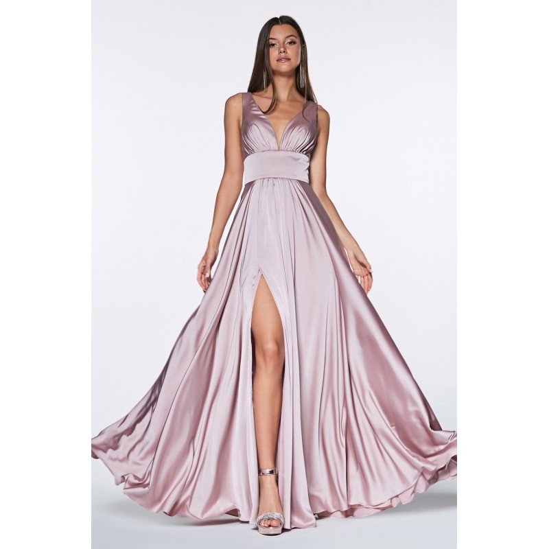 Satin Flowy A-Line Dress With Leg Slit, Open Back And V-Neckline by Cinderella Divine -7469