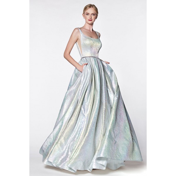 Metallic Holographic Floral Ball Gown With Illusion Sides And Pockets by Cinderella Divine -KC880